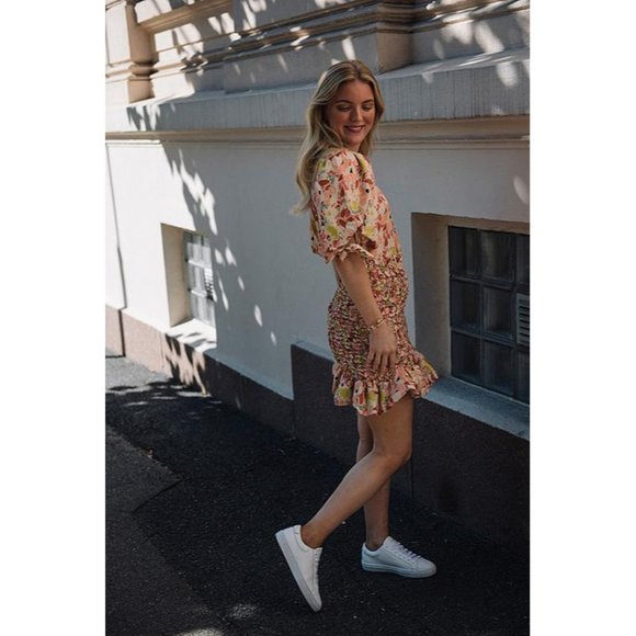 🆕 By TiMo Shirred Smocked Ruffle Crepe Satin Mini Dress Floral Medium - Picture 6 of 16